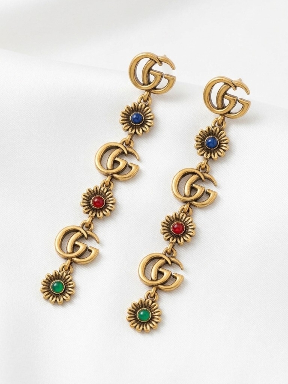 Gold-Tone Double G Daisy Drop Earrings with Blue, Red & Green Stones